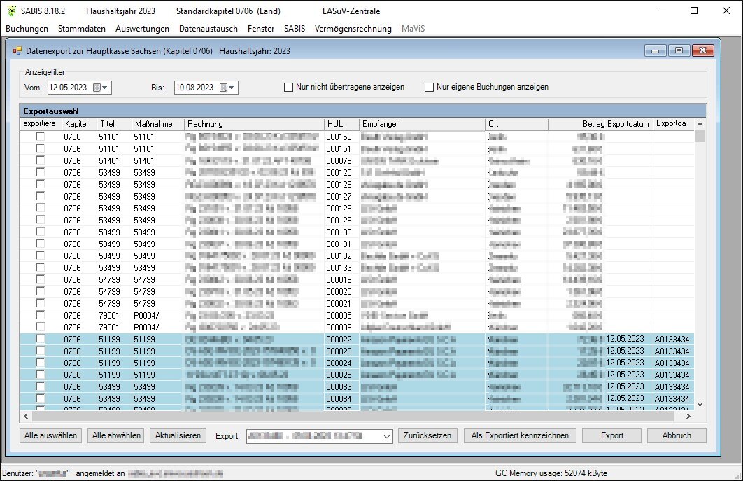 Screenshot SABIS - Ansicht Exportauswahl zur Übermittlung von Daten