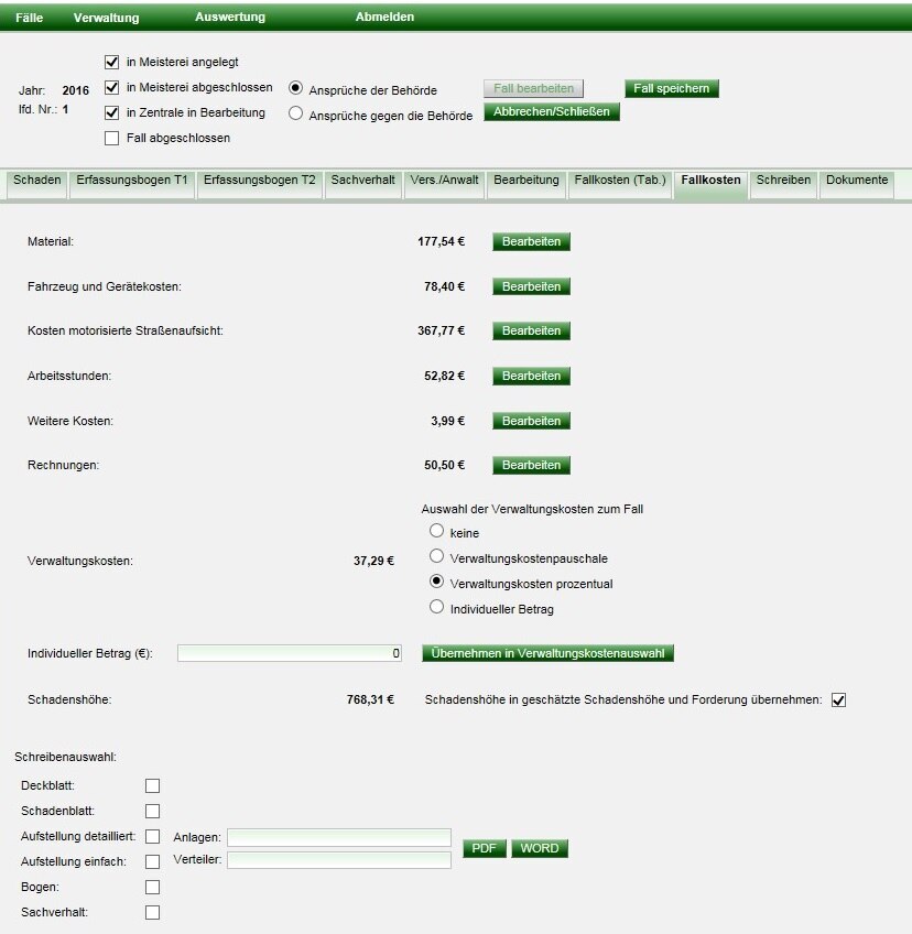 Screenshot der Anwendung Schaden mit Darstellung der Maske möglicher Fallkosten